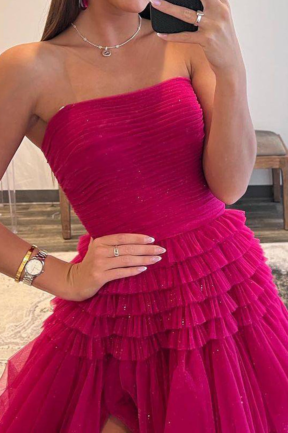 A Line Tulle Strapless Fuchsia Long Prom Dresses