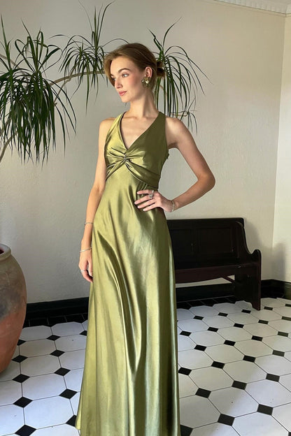 Robe de soirée sirène longue jaune dos nu avec col halter