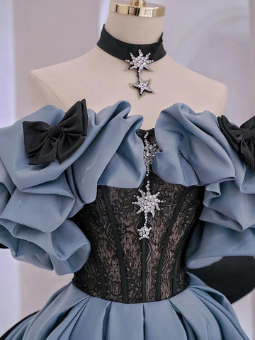 Blue Satin Black Lace Strapless A Line Prom Dresses