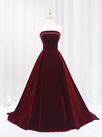 Simple Burgundy Long Velvet Strapless A Line Prom Dresses