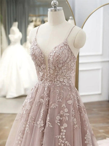 Pink Tulle Spaghetti Straps Appliques Cross Straps Back Prom Dress