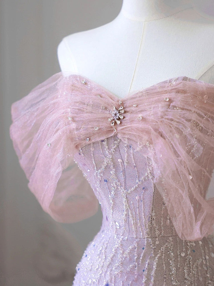 Robes de bal sirène sexy en tulle et sequins rose vif, avec épaules dénudées
