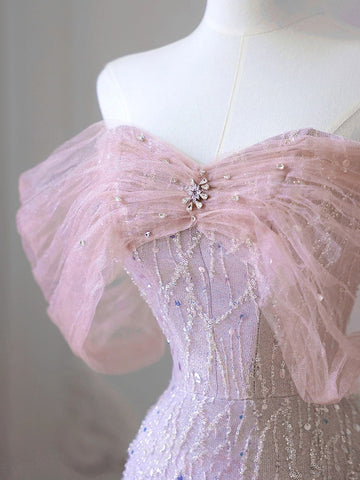 Sexy Pink Mermaid Tulle Sequins Off the Shoulder Prom Dresses