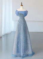 Blue Tulle Sequins Off the Shoulder Pleats A Line Prom Dresses