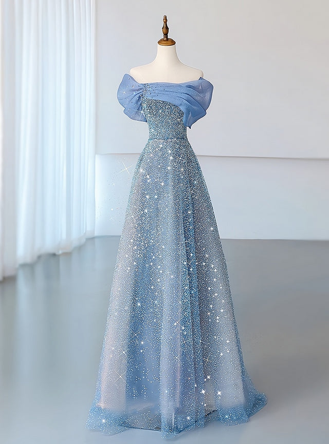 Robes de bal trapèze plissées à sequins en tulle bleu à épaules dénudées