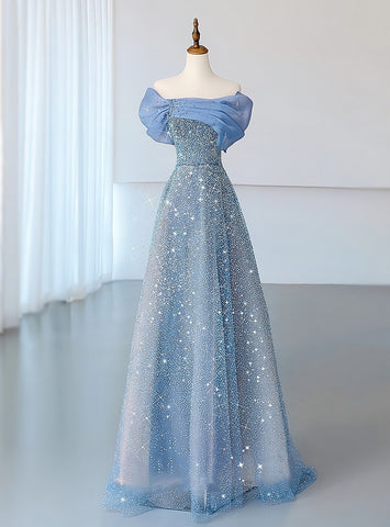 Blue Tulle Sequins Off the Shoulder Pleats A Line Prom Dresses