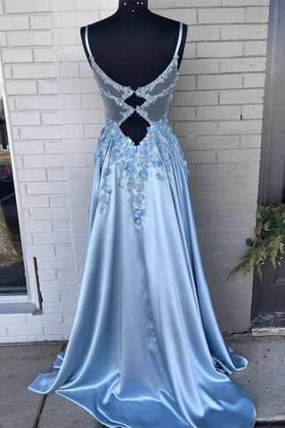 Light Blue Satin Long Spaghetti Straps 3D Flower Prom Dresses