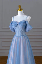 Blue Tulle Sequins Spahetti Straps A Line Prom Dresses