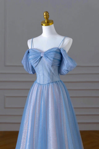 Blue Tulle Sequins Spahetti Straps A Line Prom Dresses