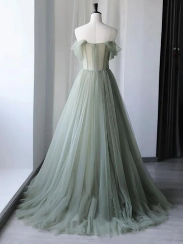 Green Tulle ALine Long Off the Shoulder Prom Dresses