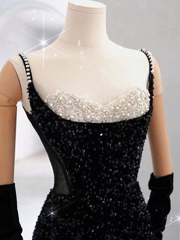 Black Mermaid Straps Sequins Long Prom Dresses