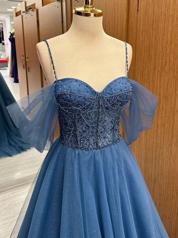 Blue Tulle Beading Spaghetti Straps A Line Prom Dresses