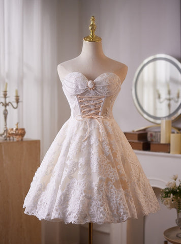 White Lace Strapless Short A Line Homecoming Dresses