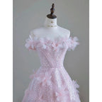 Pink A Line Tulle Sequins Off the Shoulder Flower Prom Dresses