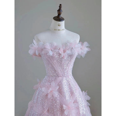 Pink A Line Tulle Sequins Off the Shoulder Flower Prom Dresses