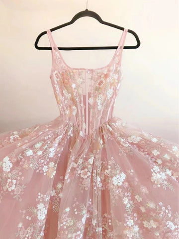 Pink Long Tulle Lace Straps A Line Prom Dresses