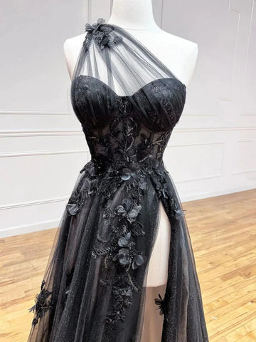 Black A Line Tulle one Shoulder Appliques Split Prom Dresses