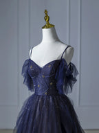Blue Gradient Tulle Straps A Line Beading Prom Dresses