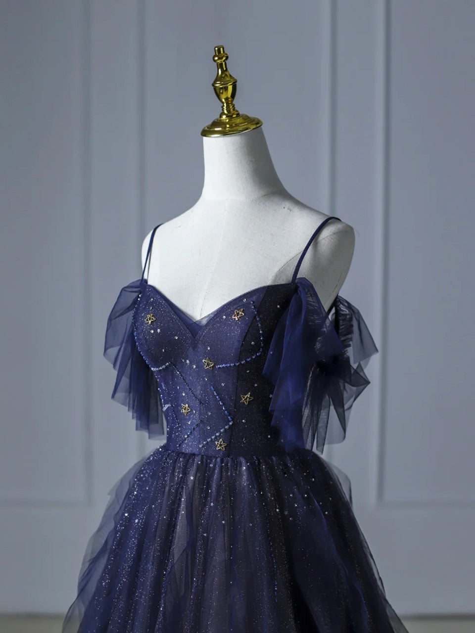 Robes de bal A Line à bretelles en tulle dégradé bleu avec perles