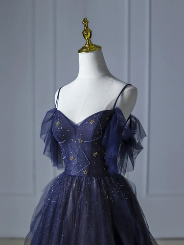 Blue Gradient Tulle Straps A Line Beading Prom Dresses