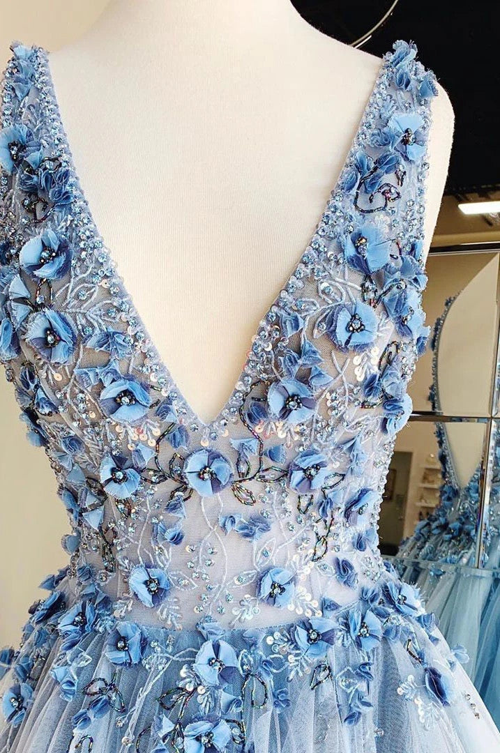 Robes de bal bleues en tulle avec col en V, appliques et perles, coupe trapèze