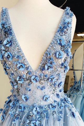 Blue Tulle V-neck Appliques Beading A Line Prom Dresses
