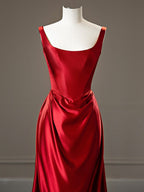 A Line Burgundy Satin Straps Pleats Prom Dresses