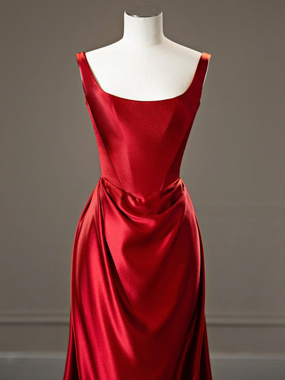 Robes de bal plissées en satin bordeaux avec bretelles fines