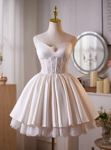 Satin Lace A Line Short ivory Strapless Homecoming Dresses