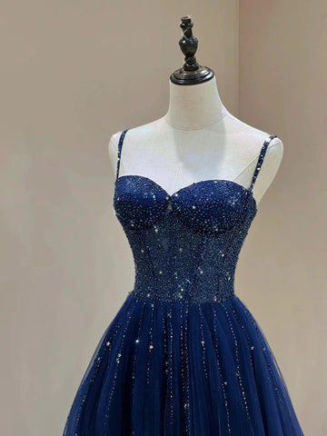 Blue Spaghetti Straps Tulle Beading A Line Prom Dresses