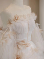 White Tulle Long Sleeve Pleats Off the Shoulder A Line Prom Dresses