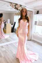 Mermaid Sweetheart Pink Satin Prom Dresses