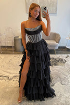A Line Scoop Neck Chiffon Tiered Long Prom Dresses
