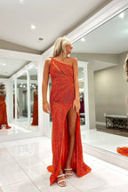Mermaid One Shoulder Orange Sequins Long Prom Dresses