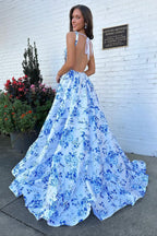 A-Line Square Neck Blue Floral Printed Satin Long Prom Dress