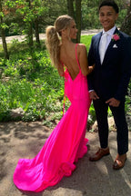 Mermaid V Neck Pink Satin Prom Dresses