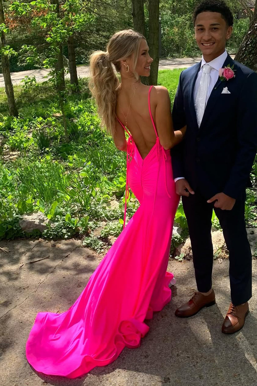 Mermaid V Neck Pink Satin Prom Dresses