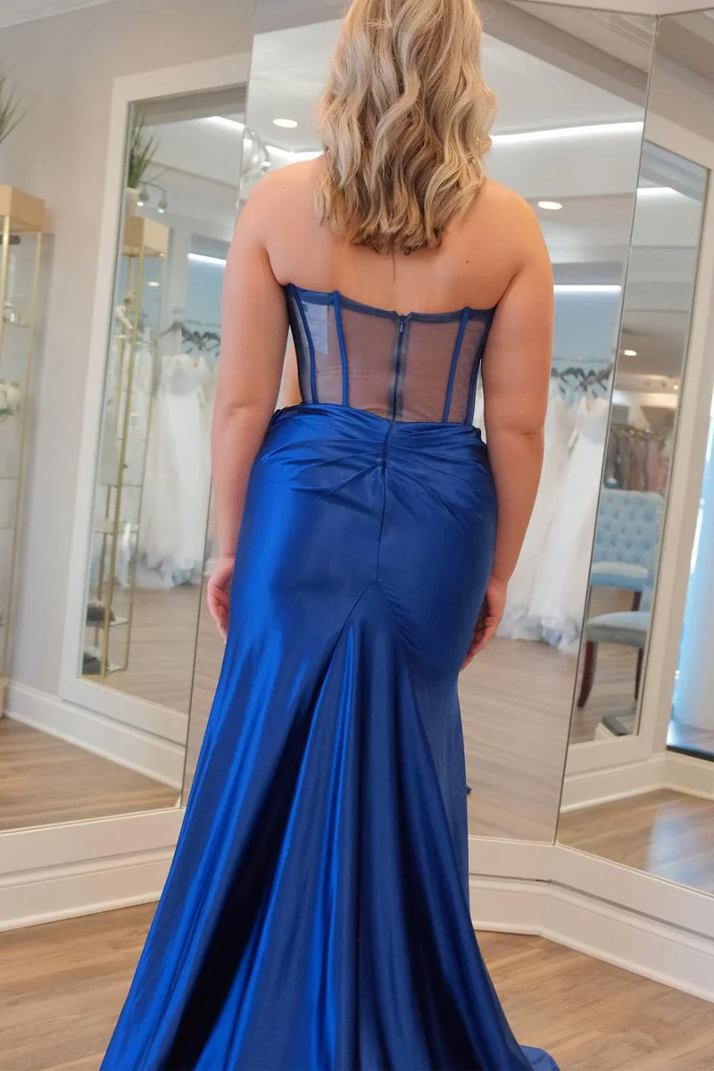 knee length dresses for ladies Navy Blue Beaded Strapless Cutout Mermaid Long Formal Dress – Modsele main image 0