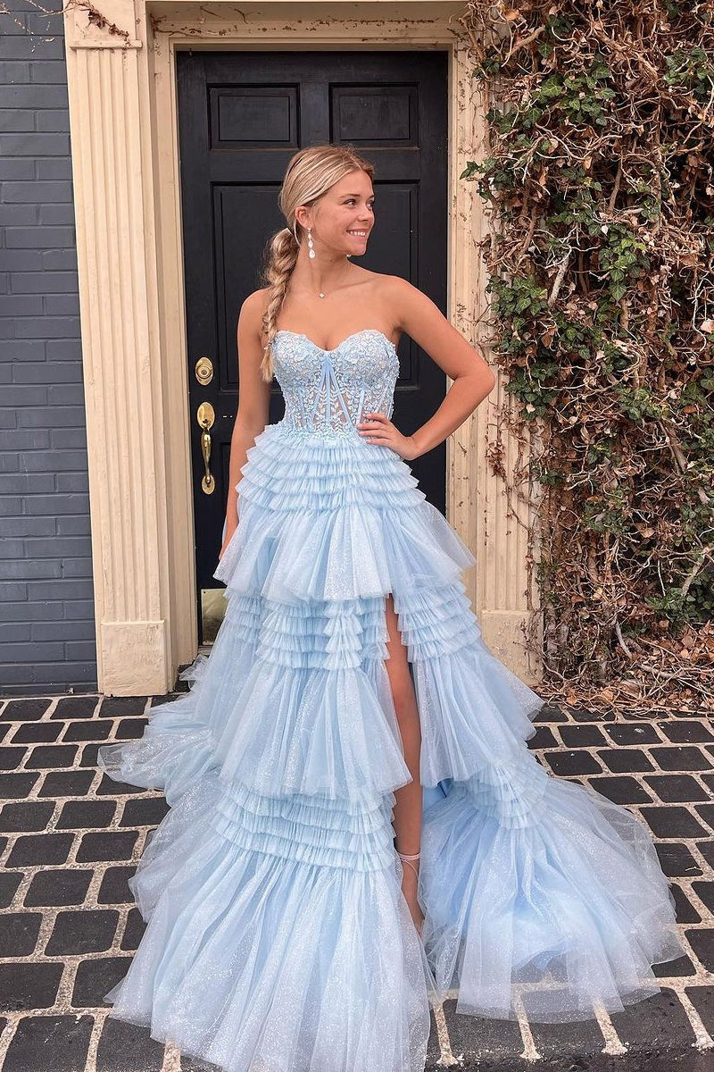 Blue Strapless Ruffle Tiered Tulle Long Prom Dresses – luladress