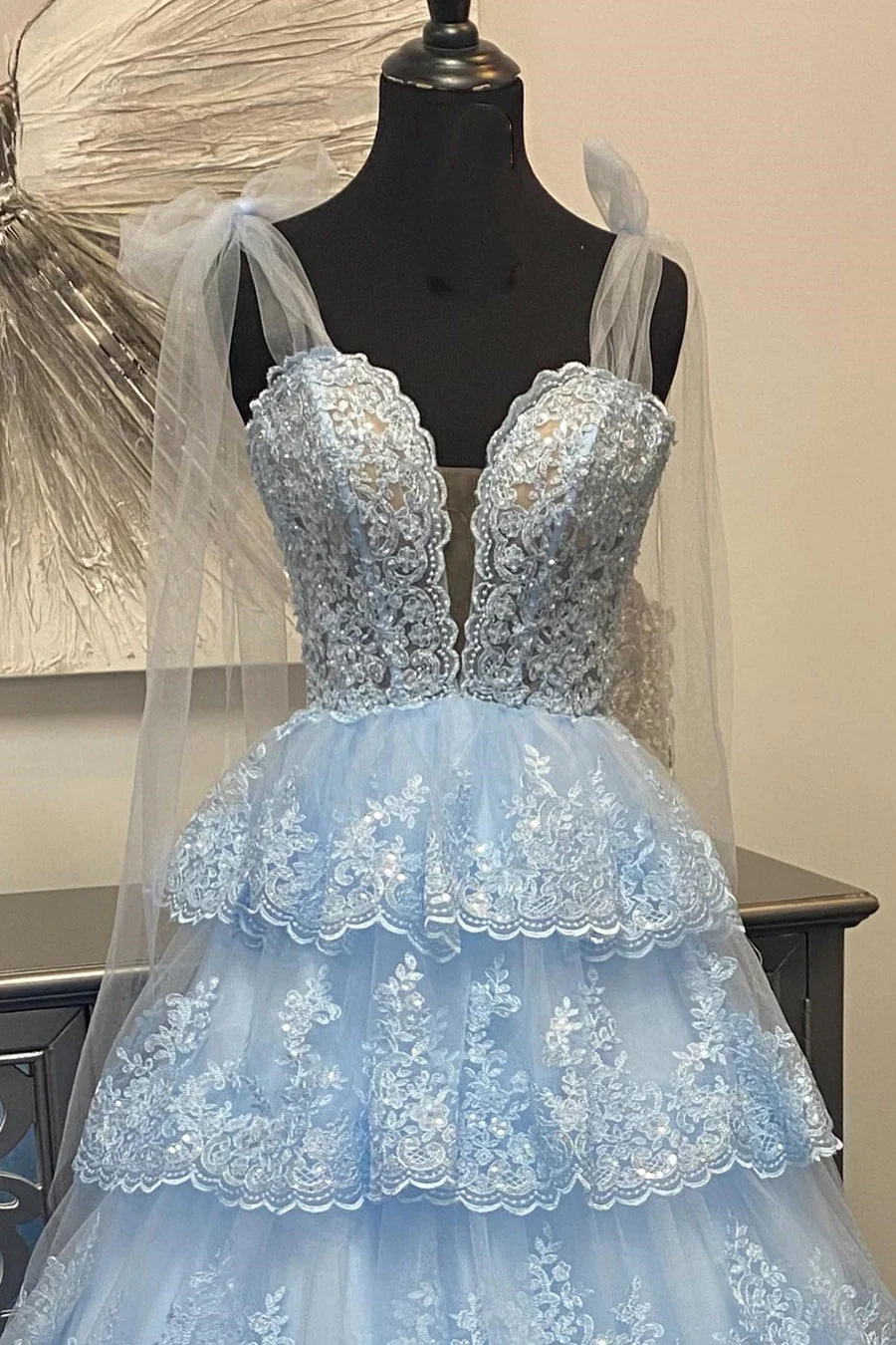 Light Blue Tulle Appliques Tying Strap Ruffle Tiered Long Prom Dresses