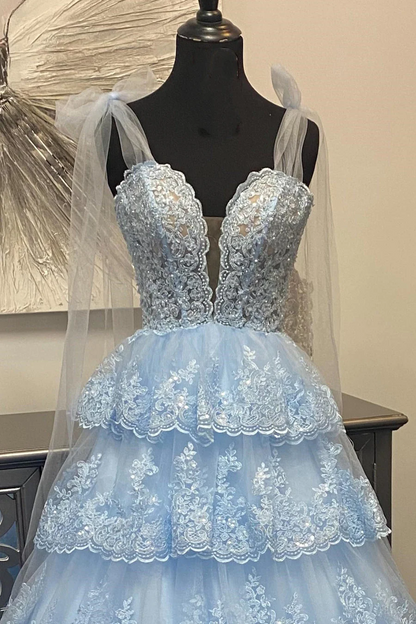 Light Blue Tulle Appliques Tying Strap Ruffle Tiered Long Prom Dresses