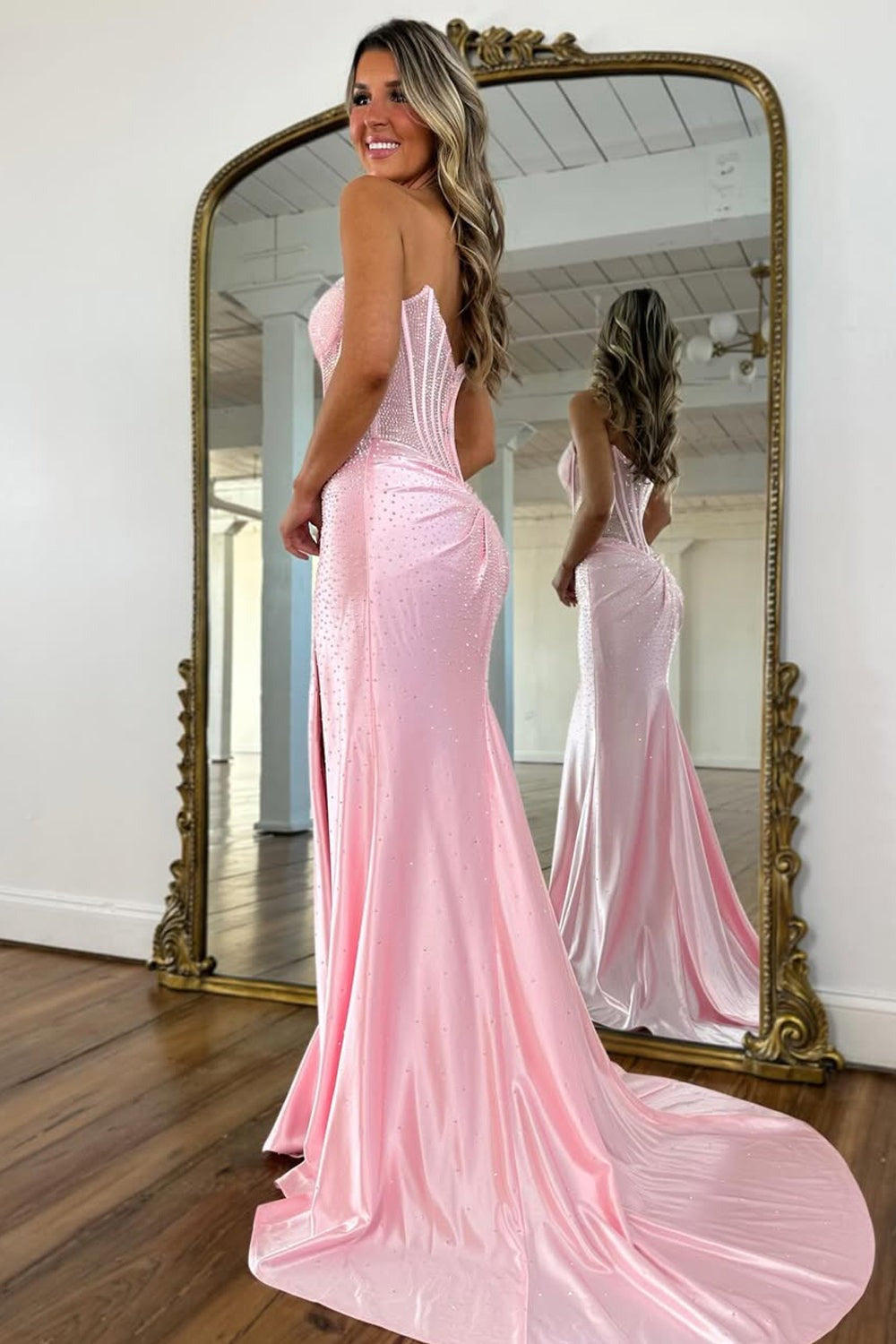 Mermaid Strapless Yellow Corset Beaded Prom Dress