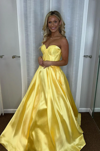 Yellow Sweetheart Satin Long A-Line Prom Dresses,BD93312