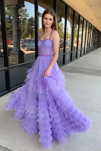 Lilac Sweetheart Ruffle Tulle A-Line Long Prom Dresses ,BD93343