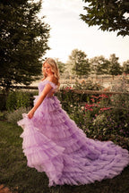 Off the Shoulder Lilac Tiered Tulle Slit Prom Dresses