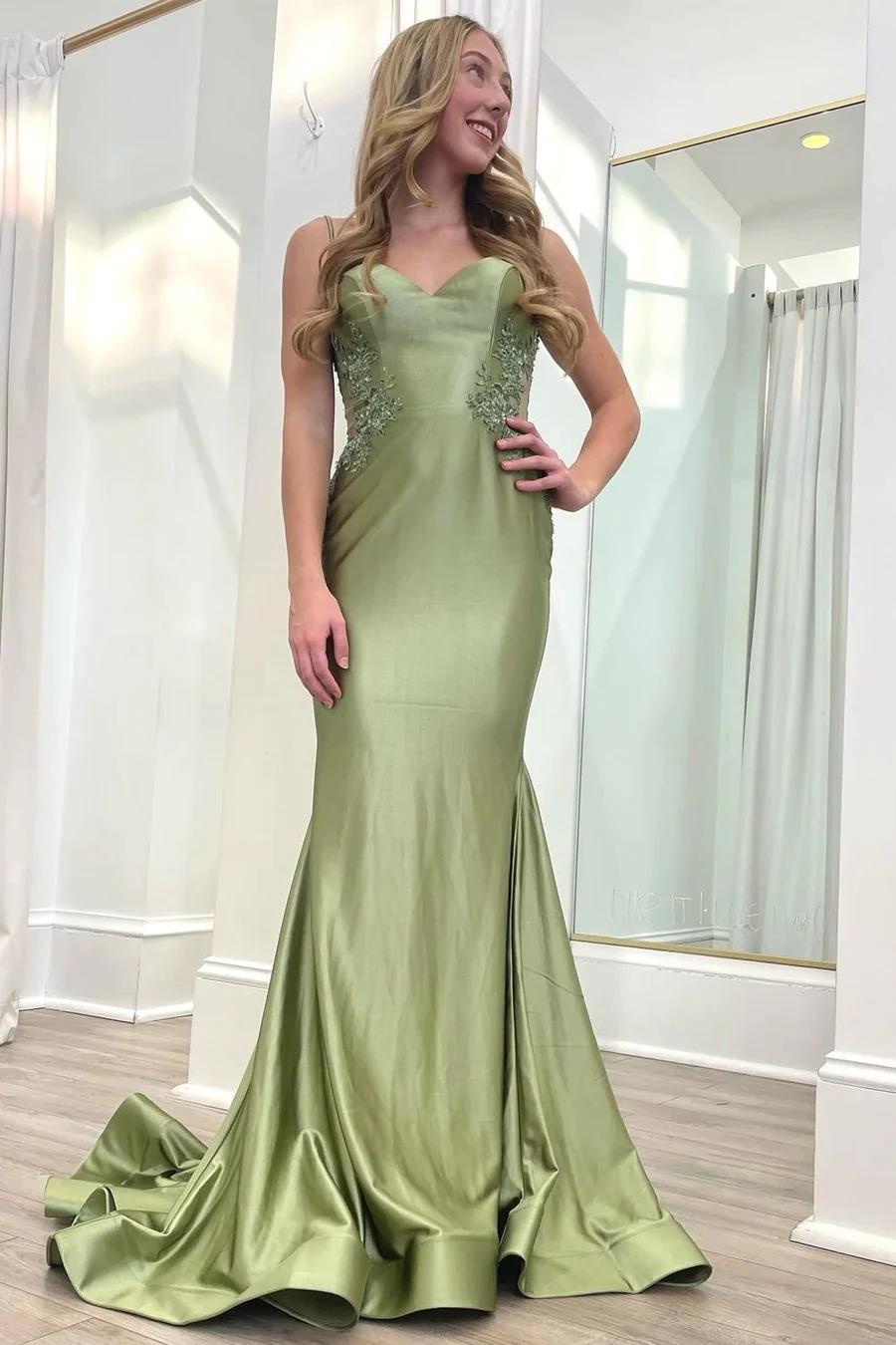 Sage Green Spaghetti Strap Backless Trumpet Long Gown – luladress