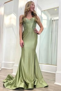 Sage Green Spaghetti Strap Backless Trumpet Long Gown,BD93217