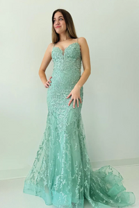 Green V Neck Lace Long Mermaid Prom Dresses,BD93234
