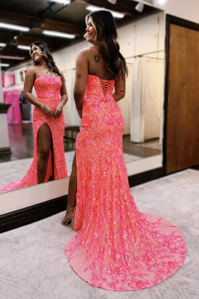 Coral Strapless Sequin Lace Mermaid Long Prom Dresses,BD93218