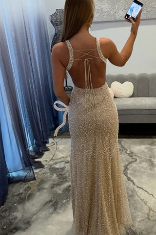 Long Champagne V Neck Tulle Mermaid Prom Dresses With Pearls